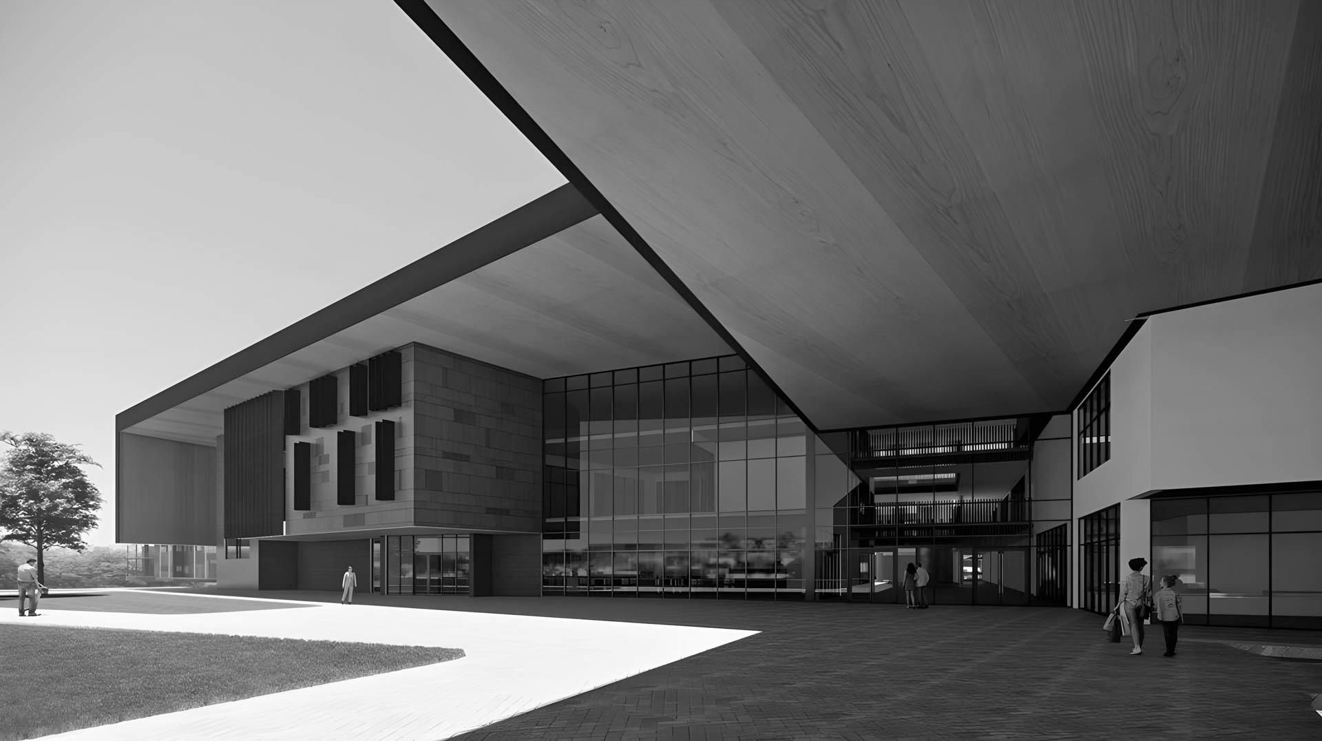 Modern glass-fronted building with a large overhanging roof and people walking outside, in black and whiteseems dramatic.