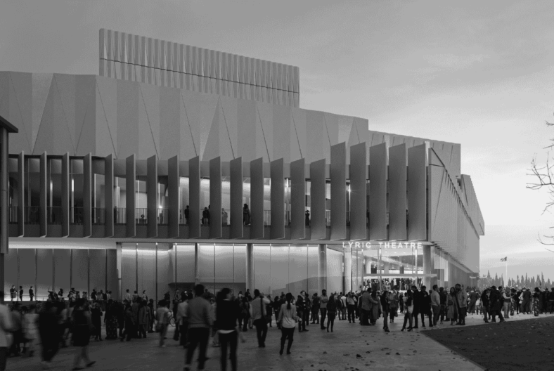 Modern theatre building with vertical fins, glass entrance, and a crowd gathered outside on a cloudy day.